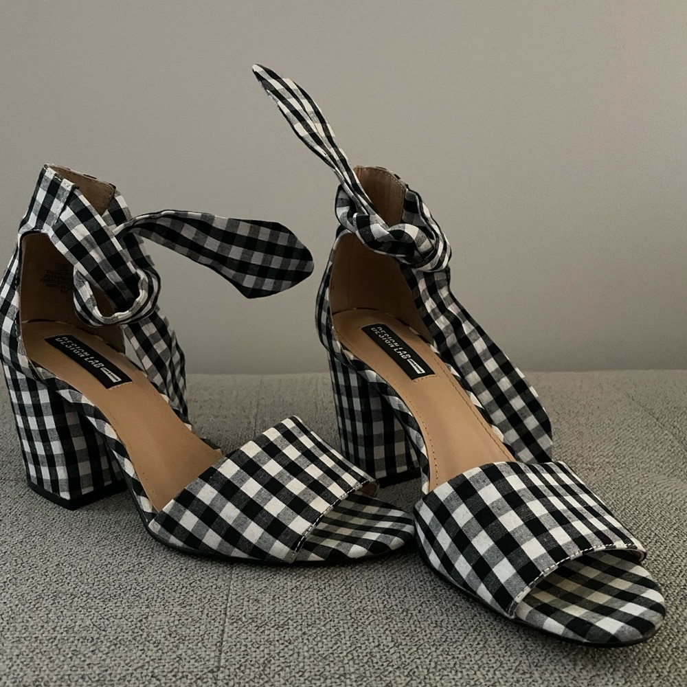 Black and White Gingham Tie Sandals with Heel